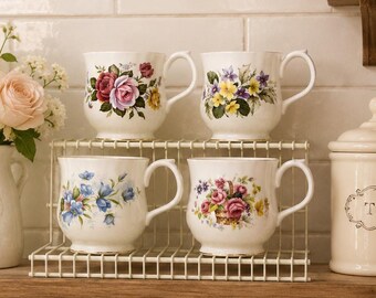 Vintage Royal Albert Bone China Coffee Mugs Set of 4, Different Patterns, Montrose Shape.