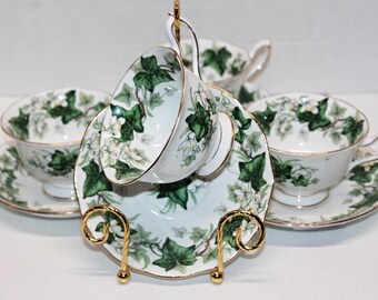 Vintage Royal Albert Teacups & Saucers, 4 Sets, Pattern Ivy Lea, Green and White