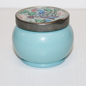 Vintage Avon Bird of Paradise Glass Turquoise Blue Jar, 5 oz (Empty) Cream Robin Egg Blue Jar c1950's, Original Decorated Lid image 4