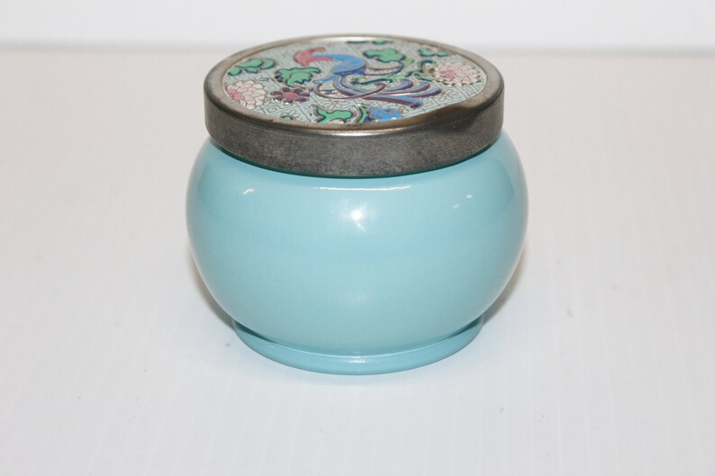 Vintage Avon Bird of Paradise Glass Turquoise Blue Jar, 5 oz (Empty) Cream Robin Egg Blue Jar c1950's, Original Decorated Lid image 4