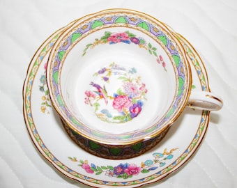 Antique Grosvenor, Jackson & Gosling Ye Olde English Teacup and Saucer called "Florian" Flowers, Birds  c1919-1924 Rare Pattern