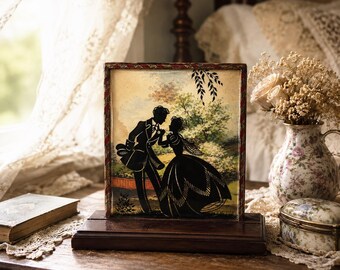 Vintage Reverse Painted Silhouette Picture c1950s | Romantic Couple Under Dome Glass | Metal Striped Frame & Wood Stand | Wall Hanging Decor