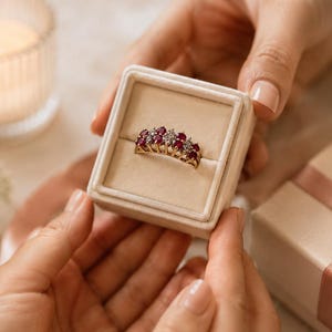 May include: A gold ring with multiple red gemstones and smaller clear stones, presented in a beige ring box. The ring is held by two sets of hands, suggesting a gift or display of jewelry.
