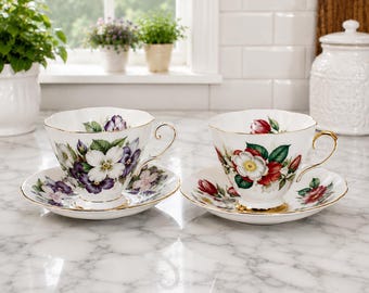 Vintage 1950s English Bone China Teacups & Saucers Set of 2,  Windsor and English Castle – Staffordshire Floral Gold Trim