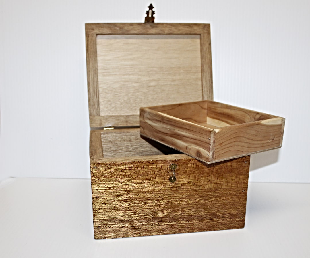Vintage Wood Box, Handmade Square Box With Inner Removable Wood Tray ...
