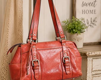 Vintage Fossil Genuine Leather Satchel Handbag with Original Key, Large Deep Orange Shoulder Purse, Pebbled Leather Tote.