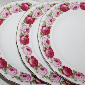 May include: White ceramic plates with a scalloped edge and a gold trim. The plates are decorated with a border of pink and red roses and green leaves. A set of fine china.
