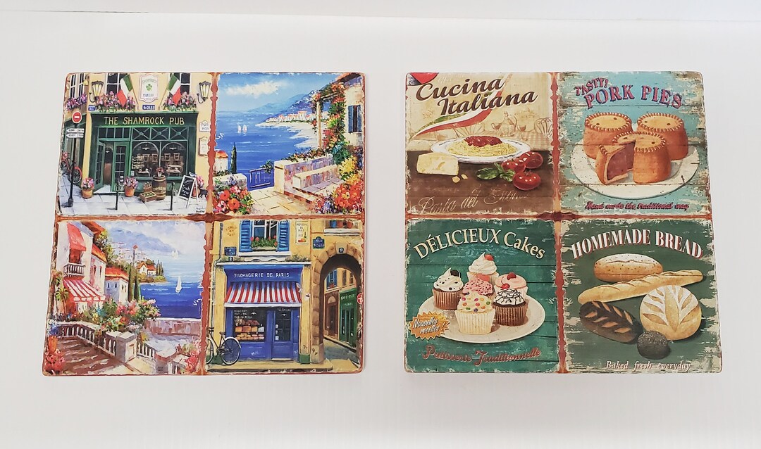 Retro Themed Ceramic Trivets, Pair of Square Trivets, Hot Pot, Retro