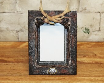 Vintage Ceramic Rustic Picture Frame with Elk or Deer Horns Displayed Prominately on Top Glass Front Holds 3.5 x 5.5 Photo