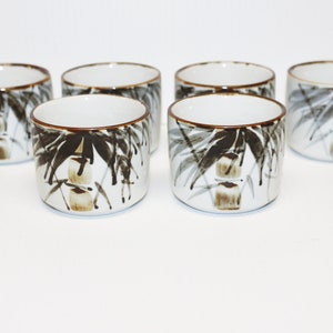 Vintage Set of Teacups, Stoneware, Ceramic Teacups, Japanese Sipper Cups, Set of 6, Grey Leaf Pattern, 4 oz Teacups, No Handles