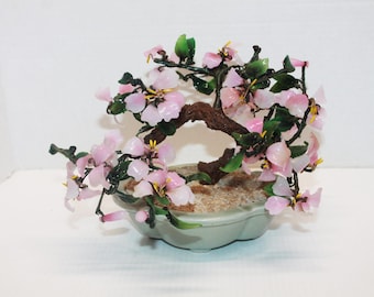 Vintage Glass Bonsai Tree Pink Cherry Blossoms, Yellow Filaments and Faux Wood Trunk with Pale Celadon-style planter pot