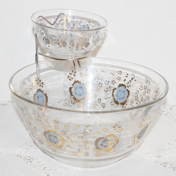 Vintage Glass Chip and Dip Bowl or Serving Bowl Set Clear Glass Blue & Gold Floral Pattern Through Out Very Nice