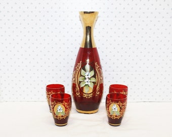 Vintage Glass Liquor Set of Moser Bohemian Cranberry Glass Decanter with 4 Shot Glasses, Red & Gold Floral, Raised Flowers