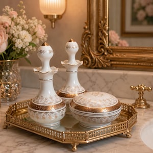 Vintage Andrea by Sadek Japan Porcelain Vanity Set | White & Gold Perfume Bottles and Powder Jar | Mid-Century Dresser Set | Elegant