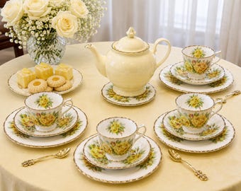 Vintage Royal Albert Tea Rose 13 Piece Tea Set, Teacups, Saucers, Salad Plates, Teapot Trivet