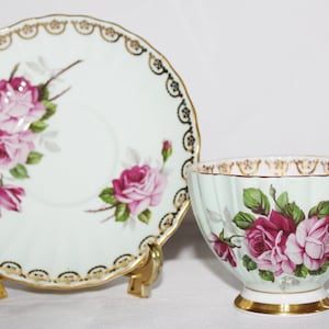 Vintage Rare EB Foley Teacup & Saucer Soft Green  Large Pink Roses, Ribbed with Gold Gild Swag Border