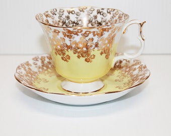 Vintage Royal Albert Yellow Cascade Teacup and Saucer, Gold Filigree