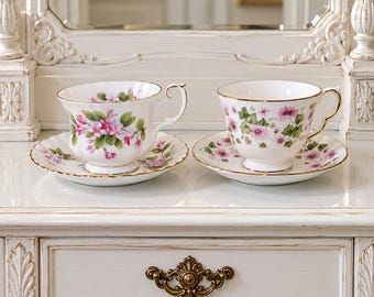 Vintage Pink Floral Teacup & Saucer – Royal Albert Mayflower or Queen Anne – English Bone China Gold Trim, you Pick Choice