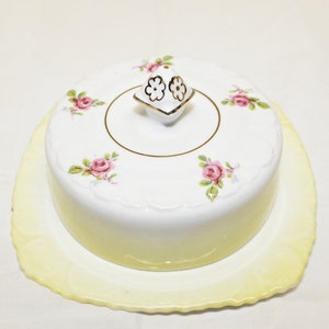 Vintage Royal Stafford Covered Butter Dish, Small Butter Dish with Lid, Yellow Borders and Pink Roses Rare Find, Made in England, VGC