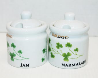 Pair of White Ceramic Jam Containers with Lids and Opening for Spoon. Shamrocks all Around, Marked Jam, Marmalade and Ireland