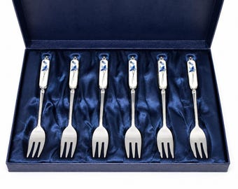 Vintage Set of 6 Stainless Steel Pastry Forks with Porcelain Blue Floral Handles – Made in Korea – Original Gift Box