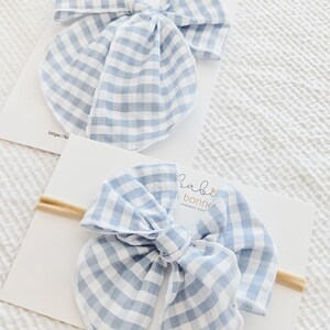 Blue Gingham Cotton Headbands on Alligator Clips or Nylon Headbands