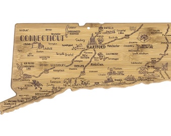 Connecticut Cutting Board | Landmarks and Destinations | State Shaped | Personalized | Housewarming Award Roadtrip or Unique Wedding Gift