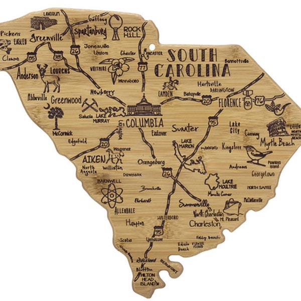 South Carolina Cutting Board | Landmarks and Destinations | State Shaped | Personalized | Housewarming Award Roadtrip or Unique Wedding Gift