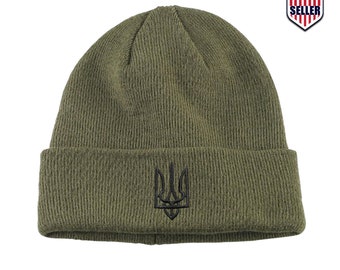 Ukraine Army Trident Coat of Arms Embroidery Knit Beanie Cap Cuff Winter Hat Olive