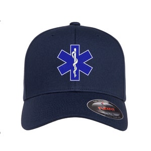 Star of Life EMS EMT PARAMEDIC Embroidered Logo FlexFit Hat Navy Baseball Cap