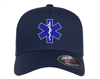 Star of Life EMS EMT PARAMEDIC Embroidered Logo FlexFit Hat Navy Baseball Cap