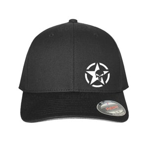 May include: Black baseball cap with a white star and skull graphic. The star has a red outline. The cap has a black brim and a black adjustable strap.