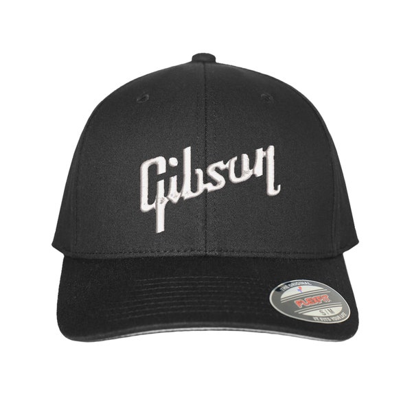 Gibson Logo Embroidered Flexfit Hat Fitted Curved Black Cap Musician Artist Gift