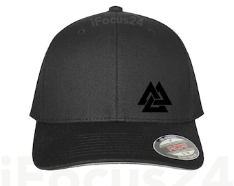 VALKNUT ODIN NORSE God Viking Symbol Fitted Flex Fit Hat Round Bill Black Cap