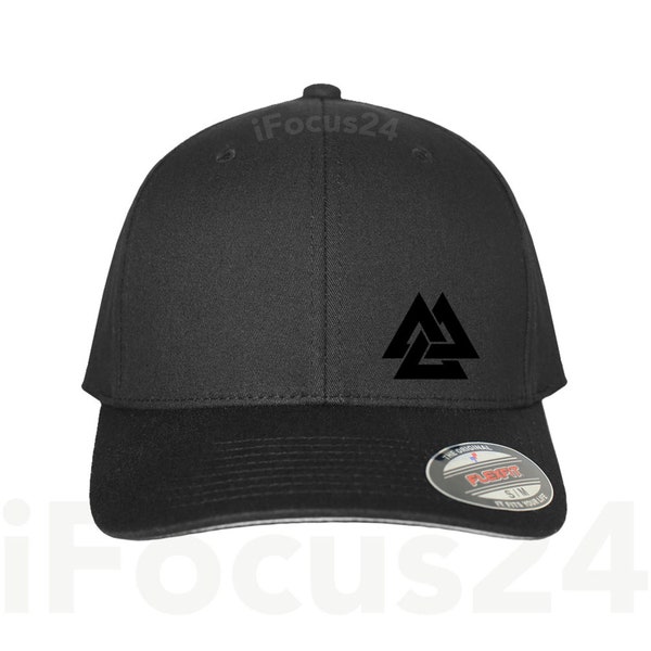 VALKNUT ODIN NORSE God Viking Symbol Fitted Flex Fit Hat Round Bill Black Cap