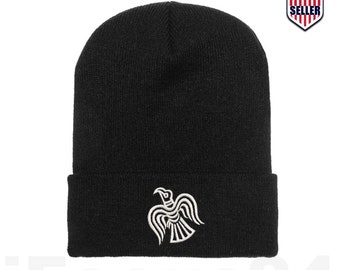 Odins Raven Embroidery Knit Viking Celtic Beanie Skull Cap Cuff Winter Hat Black