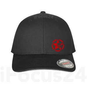 May include: Black baseball cap with a red star and skull graphic. The cap has a curved brim and a Flexfit tag. The hat is a size S/M.