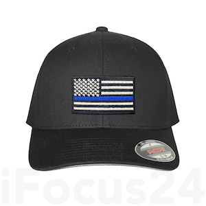 Schwarz USA Amerikanische Flagge Taktische Blaue Linie Polizei Flex Fit Baseball Cap