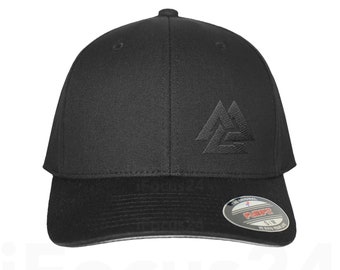 VALKNUT ODIN Norse GOD Embroidered Black Logo Viking Symbol Fitted Flex Fit Black Hat