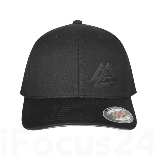 VALKNUT ODIN Norse GOD Embroidered Black Logo Viking Symbol Fitted Flex Fit Black Hat