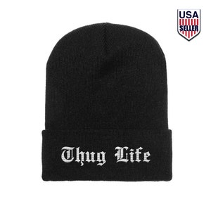 Thug Life Knit Black Beanie Hat Cap Embroidered Cuffed 2Pac Video Compilation