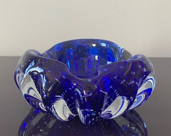 Vintage Murano-like Bullicante Blue Glass Ashtray
