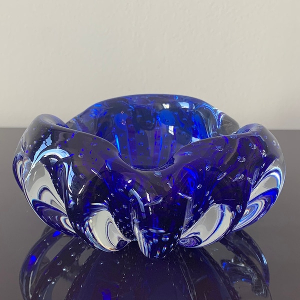 Vintage Murano-like Bullicante Blue Glass Ashtray