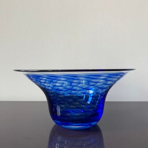 Vintage Blue and Clear Glass Bowl with Wavy Lines
