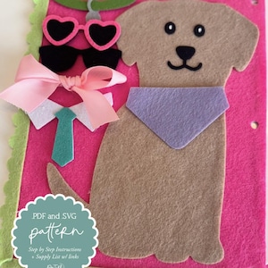 Könnte beinhalten: Ein Filzhund mit lila Halstuch, Sonnenbrille, Fliege und Krawatte auf pinkfarbenem Hintergrund. Das Bild enthält den Text "PDF and SVG pattern" und Anweisungen.