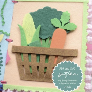 May include: A felt craft project showing a brown basket filled with felt vegetables: a carrot, broccoli, and grass. The background is light pink, framed with green and pink gingham. Text on a teal badge reads "PDF and .SVG pattern".