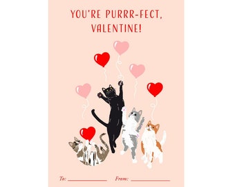 You're Purrr-fect Kitty Cat Punny Printable Valentine's Day Card for Classrooms and Friends, Galentine's Day Card