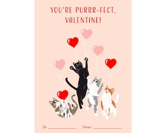 Eres Purrr-fect Kitty Cat Punny Tarjeta imprimible del Día de San Valentín para aulas y amigos, Tarjeta del Día de Galentine