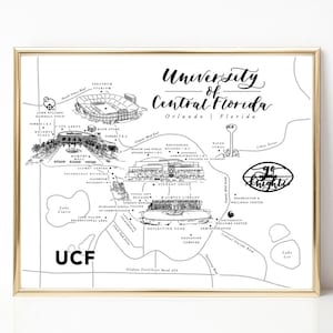 UCF Campus Kaart Print, UCF Tekening, Universiteit van Central Florida, College, Kaart Art Wall Decor, Afstudeercadeau, Grad, Go Knights, Goud