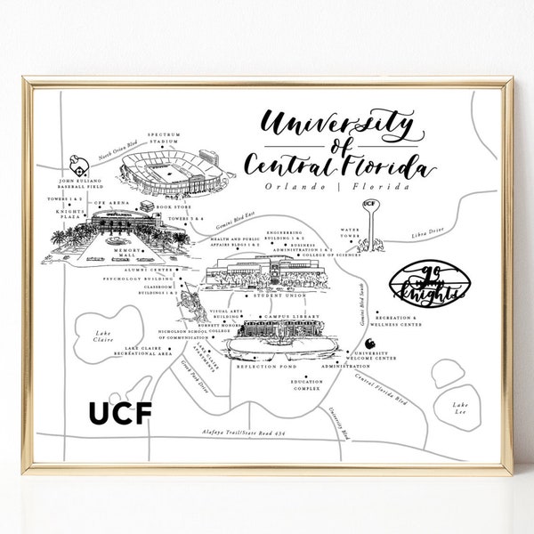 UCF Campus Map Print, UCF Drawing, University of Central Florida, College, Map Art Wall Decor, Graduation Gift, Grad, Go Knights, Gold
